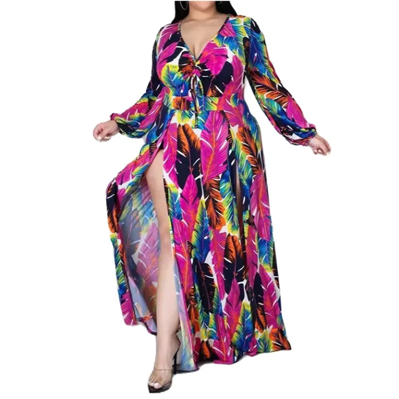 

Plus Size Dress 2021 Women Wholesale Holiday Beach Sexy Print Ditsy Floral Dress with Belt Full Length Maxi Dresses Dropshpping