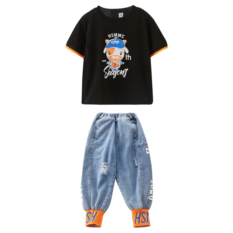 

Children's Clothing Girls' Summer Suits 2021 New Blue Bottle Cap Cow Print Children's Two-Piece Suit Cartoon Beautiful Casual