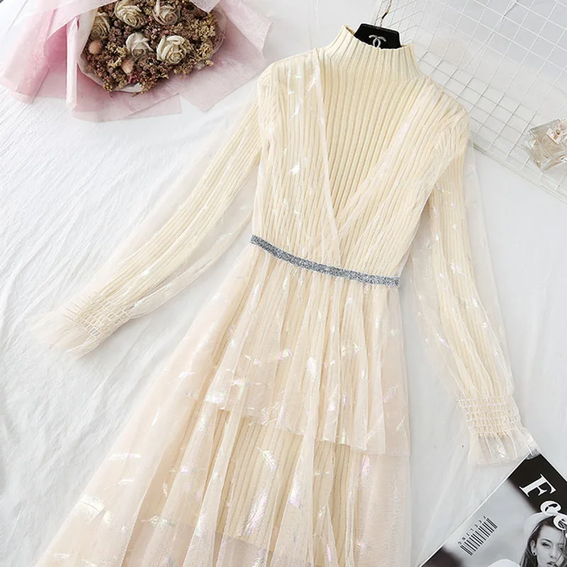

Autumn Winter Women Dress Suit 2020 feather Mesh Lace Knitted Dress Bodycon Casual Pleated Dress New Work Spring vestidos