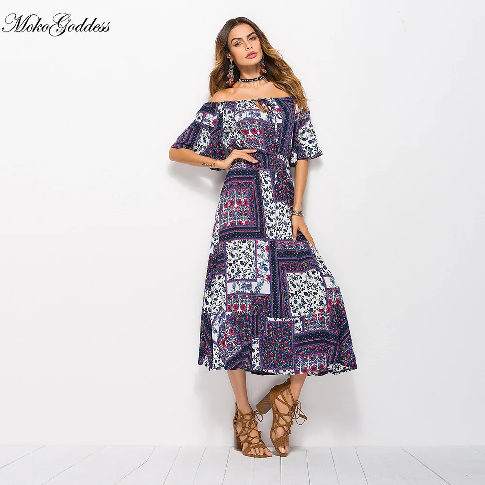 

Moko Bohemian style cross-border foreign trade summer new printed word shoulder dress