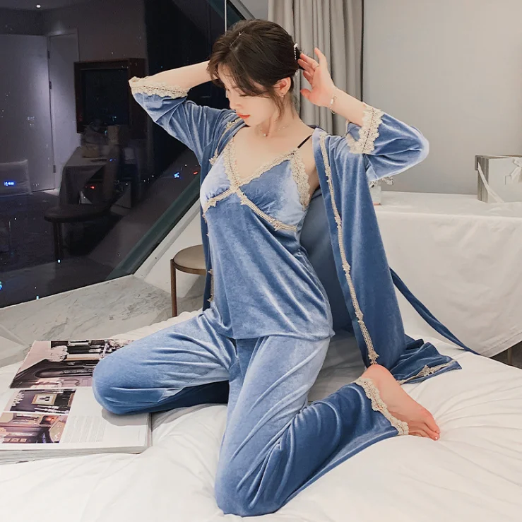 Пижамный комплект из 3 предметов кружевной женский костюм в стиле пэчворк ночная