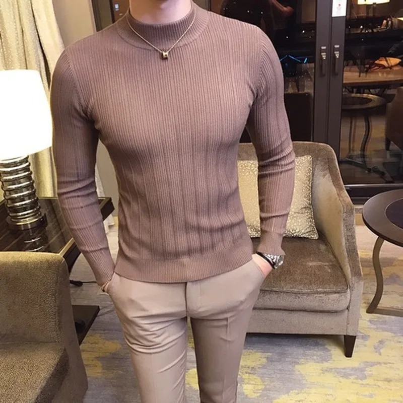 

2021 Striped Solid Color Sweater Men's Half High Neck Stretch Tight Sweater Fashion Casual Slim Breathable High Quality Pullover