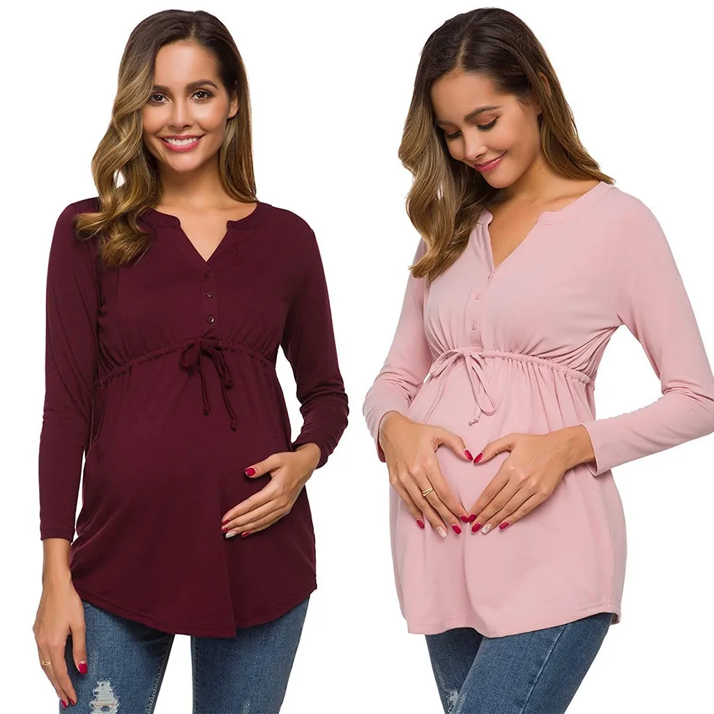 

Women Maternity Long Sleeve Solid Color Nursing Tops T-shirt For Breastfeeding Vêtements de maternité 2021 New Autumn Dropship #