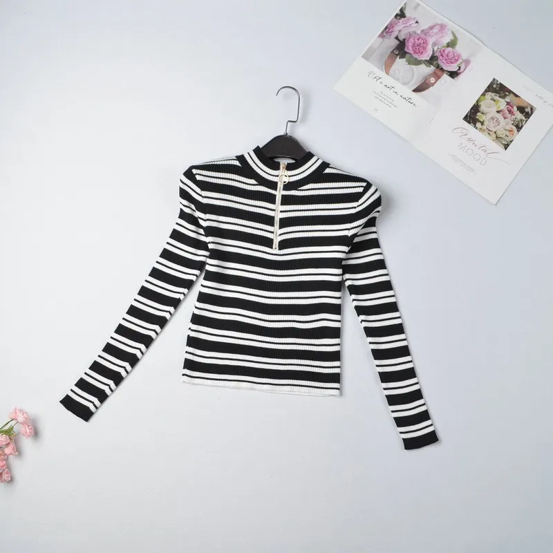 

Women Autumn Spring Zipper Stripes Print Knit Slim Long Sleeved Round Collar Slim Casual Short Sweater