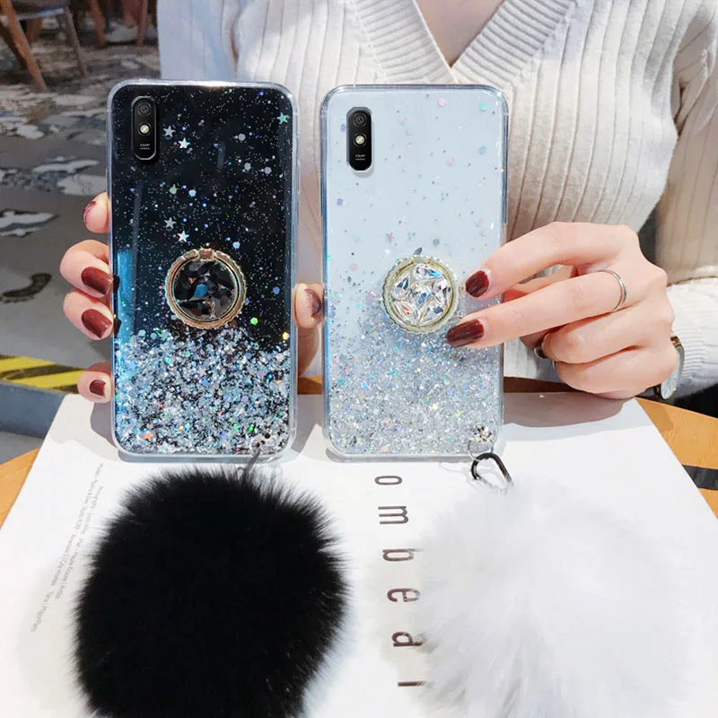 

For Xiaomi Mi 9 8 SE Lite Case Luxury Bling Glitter Phone Holder Cover Xiaomi Mi A3 Covers With Hairball Bumper Funda Capa