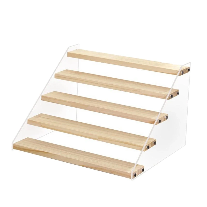 

5-Tier Acrylic Wooden Display Rack Perfume Cosmetic Dolls Action Figure Model Toys Ladder Riser Stand Kitchen Organizer