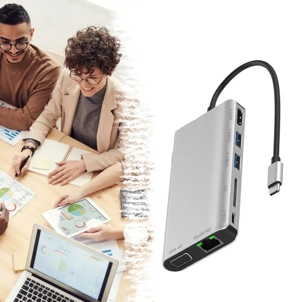 

8-in-1 Expansion Dock Type-C To HDMI VGA USB3.0 HUB Security Digital Card Reader PD Gigabit Ethernet Port Audio
