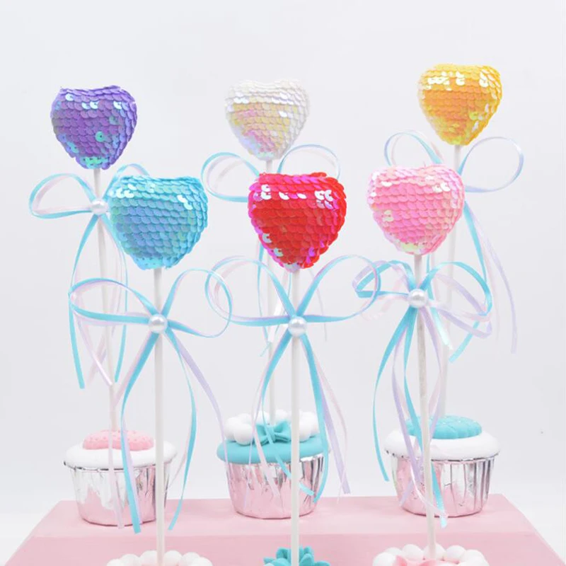 

5pcs/batch Round Heart-shaped Wishing Stick Princess Birthday Sequin Bow Cup Cake Top Party Supplies Dessert Table Decorations