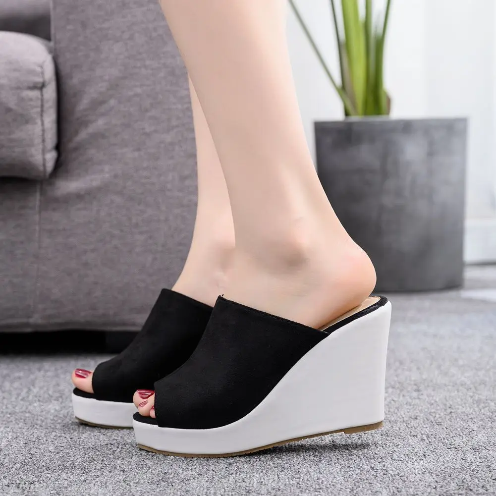 

Slippers Women Solid Flock Slides Casual Peep Toe Outside Sandals Female Summer Shoes Ladies Plus Size Wedges High Heels H0152