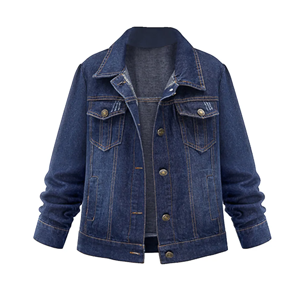 Женская Осенняя куртка однотонная Повседневная джинсовая с отложным воротником