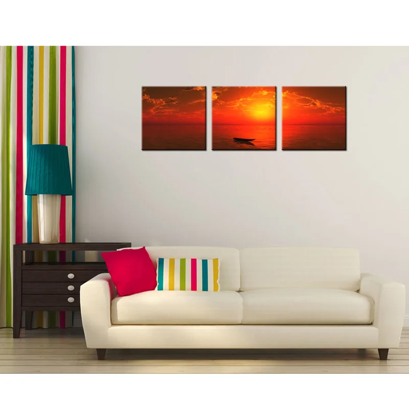 

Landscape Canvas Painting Red Sunset Wall Art Poster 3 Pieces Boat on The Ocean HD Print Home Decor Modern Picture