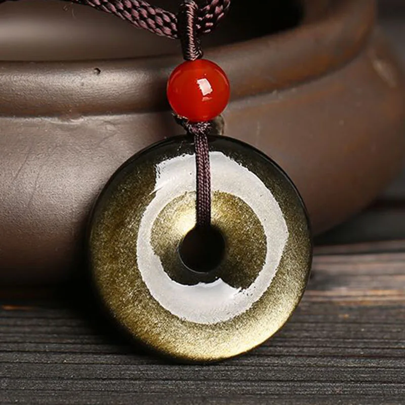 

Drop Shipping Natural Golden Obsidian Necklace Lucky Amulet Safety Button Jade Pendant For Women Men PingAnKou Jade Jewelry Gift