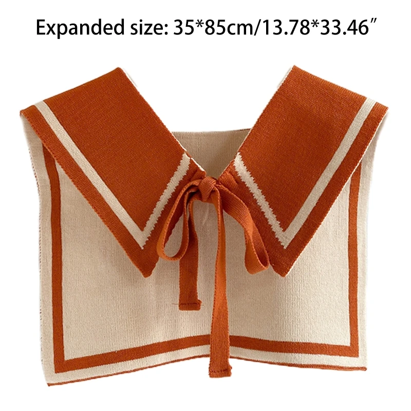 

Navy Style Women Winter Knit Shawl Wrap Reversible Contrast Color False Collar Decorative Cape Bowknot Poncho Scarf