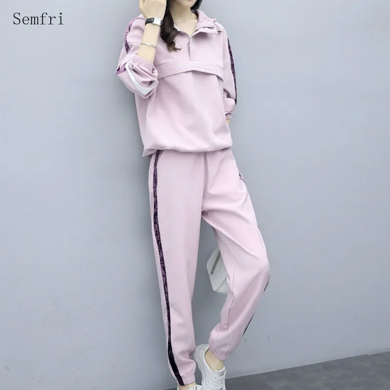 Женский спортивный костюм Semfri розовый свободный с капюшоном в Корейском стиле