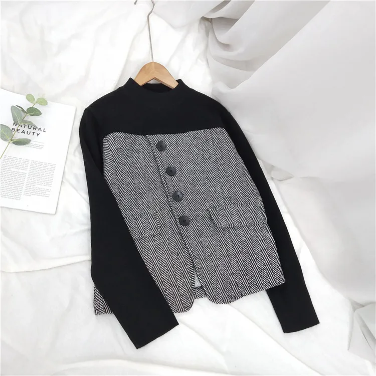 

Винтажный лоскутный женский свитер с круглым вырезом, корейский хит, цветной вязаный пуловер, Осень-зима, на пуговицах, из хлопка и полиэсте...