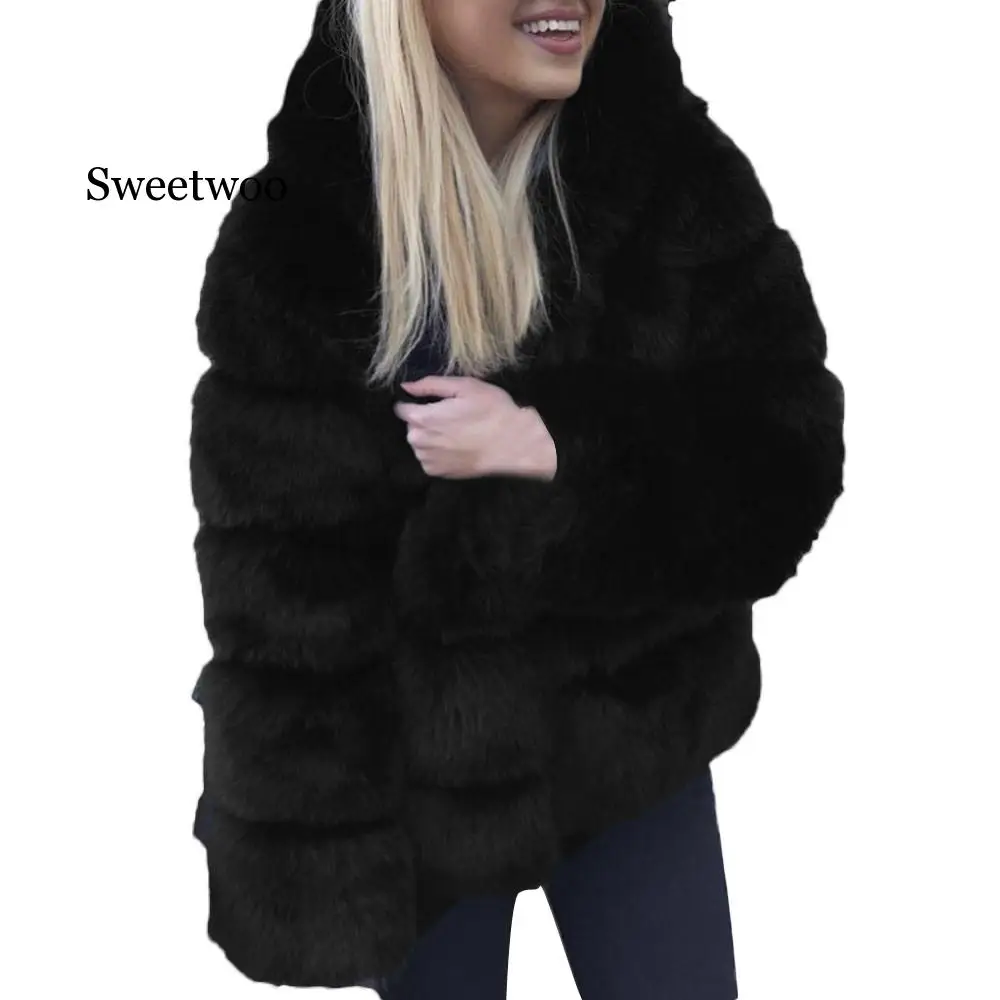 Women Faux Mink Winter Hooded New Faux Fur Jacket Warm Thick Outerwear Jacket Elegant Thick Warm Outerwear Fake Fur Jacket