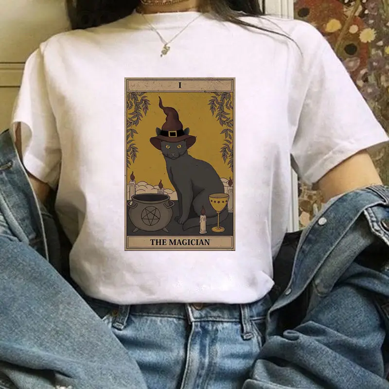 

Fashion Tarot Cat Women Print T-shirts Female Cartoon Tops Tees kawaii Women Graphic T Shirt Cute T-Shirt Casual Tee Shirt Tees