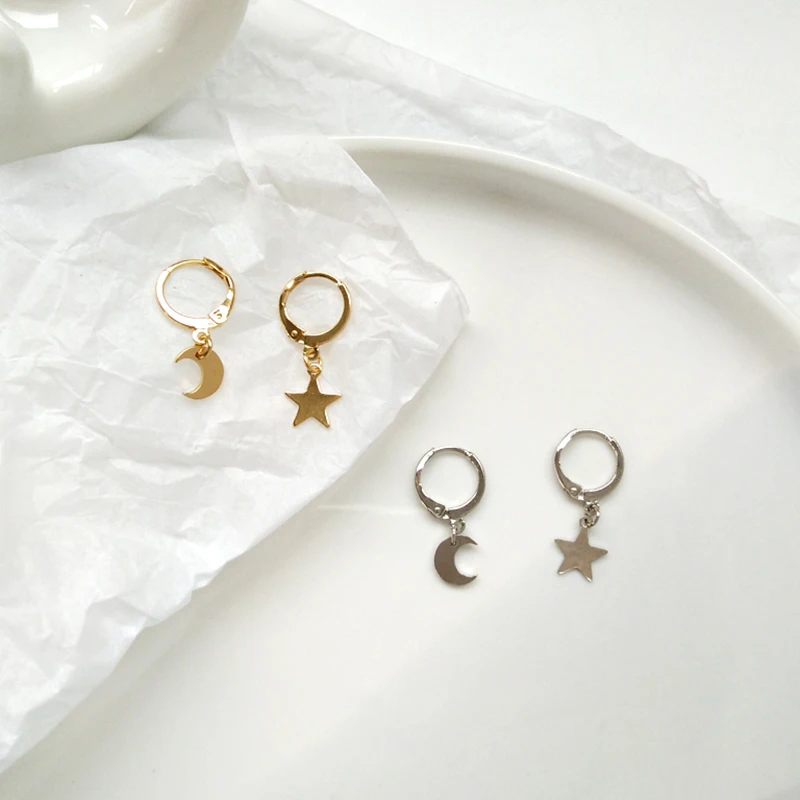 Korean Style Simple Small Stars Moons Hoop Earrings Tiny Geometric Everyday Wear Circle Ear Piercing Bijoux Brincos | Украшения и