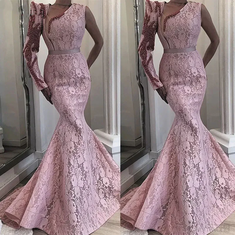 Розовое платье для выпускного вечера с одним рукавом кружевное платье-Русалка