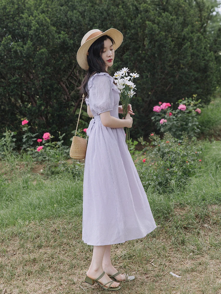 

Summer Sweet Lavender Plaid Dress Vintage Square Collar Ruffles Short Sleeve Casual Women Cottage Prairie Drsses Vestido Playa