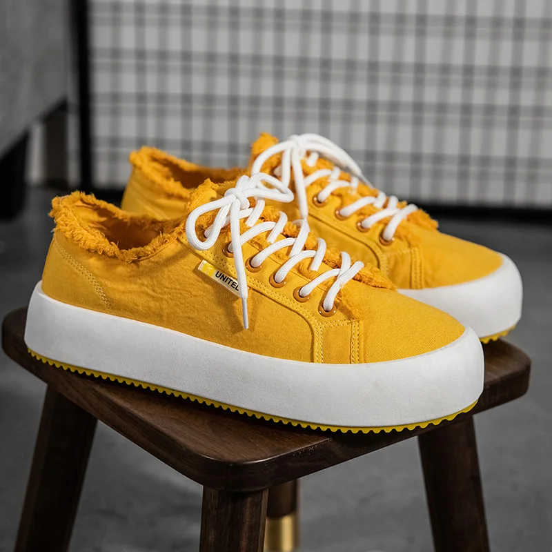 

2021 New Style Washed Canvas Men's Sneakers Yellow Men Vulcanized Shoes Fashion Platform Skateboard Shoes Men zapatillas hombre