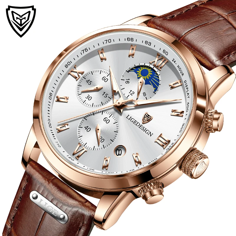 Часы наручные LIGE Мужские кварцевые спортивные брендовые Роскошные с кожаным