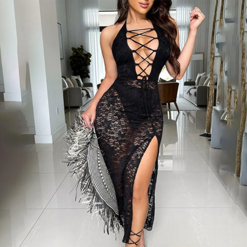 

Women Halter Dress Sexy Lace Cutout Navel Tied Design Strap Hot Girl Dress Sleeveless Ankle Length High Waist Women's Dress