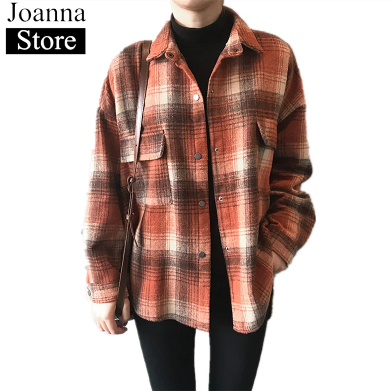 Spring New Short Plaid Shirt Women Lapel Long Sleeve Single-Breasted Pockets Vintage Blouses Black Plus Size Casual Wild Clothes
