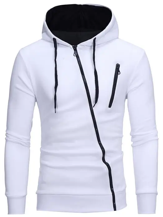 White Hoodies Мужские толстовки Мода Косой молнии сплошной длинный рукав с капюшоном куртка повседневные тонкие толстовки хип хоп кардиган уличная - Color: White Hoodies