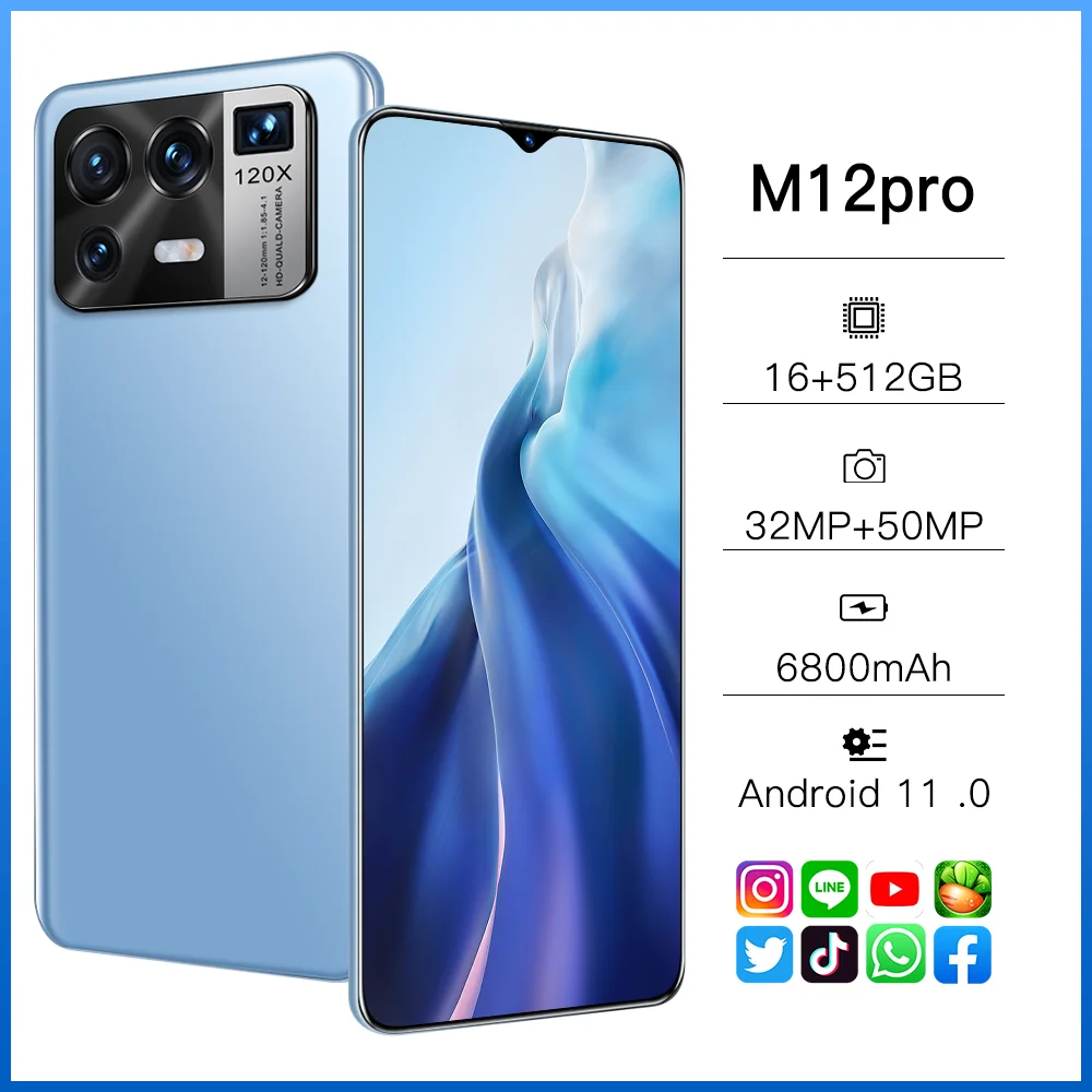 

M12pro 6.7Inch Smartphones 16GB+512GB Mobile Phones 6800mAh 32MP +50MP HD Camera Android11Global Version Dual SIM 5G Cellphones