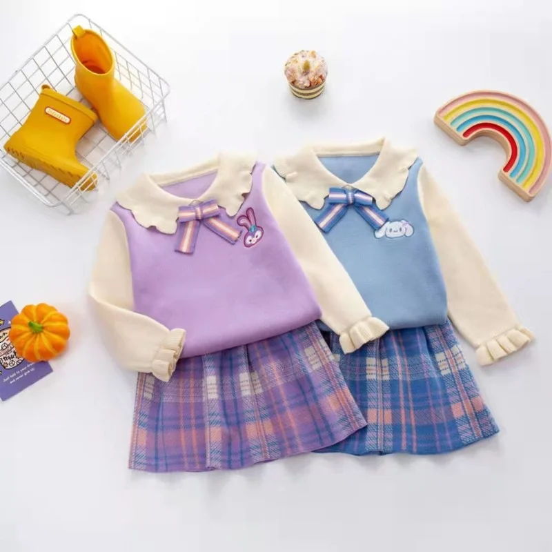 

2021 New Autumn Winter 2pcs Girl Knitted Clothing Sets Toddler Top Bow Tie Sweater Grid Pleated Skirt Set for Kids Girls Clothes