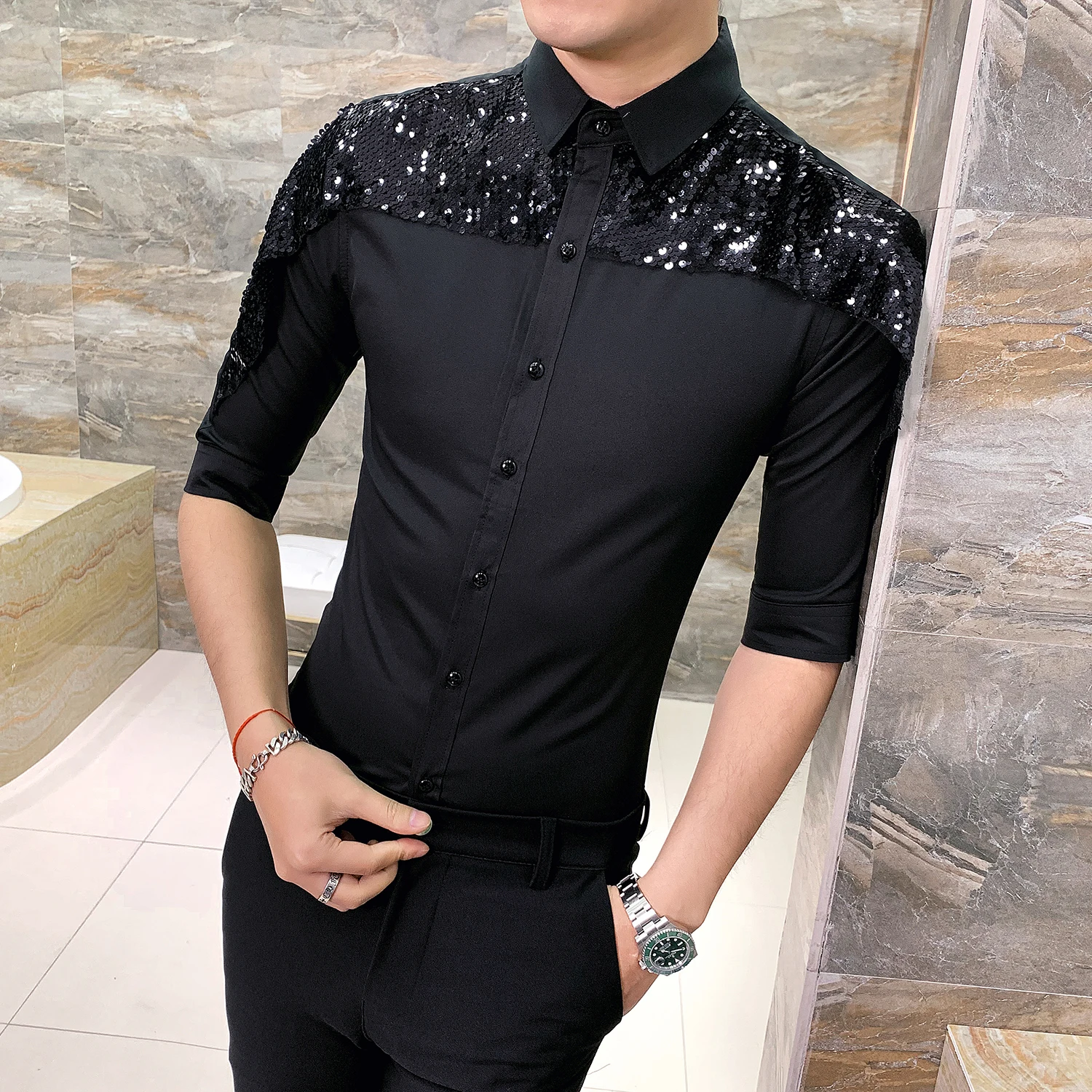 Рубашка мужская приталенная с принтом модная блуза рукавами три четверти