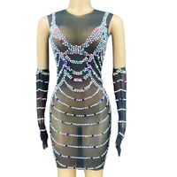 shining embellished beaded dresses above knee women black gauze perspective tight stretch dresses nightclub costume stage wear
