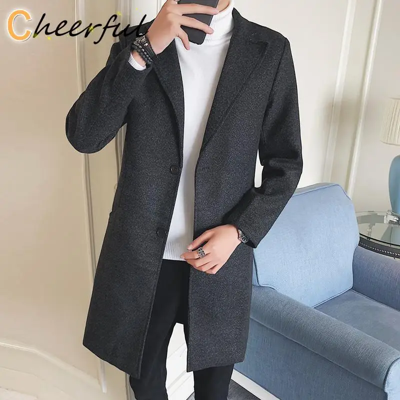 

M-5XL Plus Size Korean Style Men Tweed Coat Knee Length Autumn Winter Streetwear Blend Wool Trench Peacoat Fashion XXXXXL