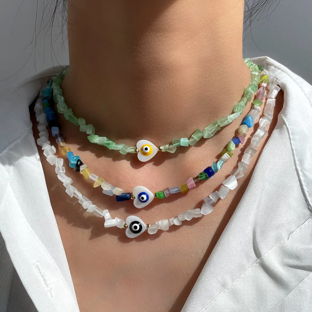 

Flatfoosie 2021 Trendy Evil Eye Heart Pendant Necklace For Women Irregular Natural Stone Turquoises Choker Necklace Boho Jewelry