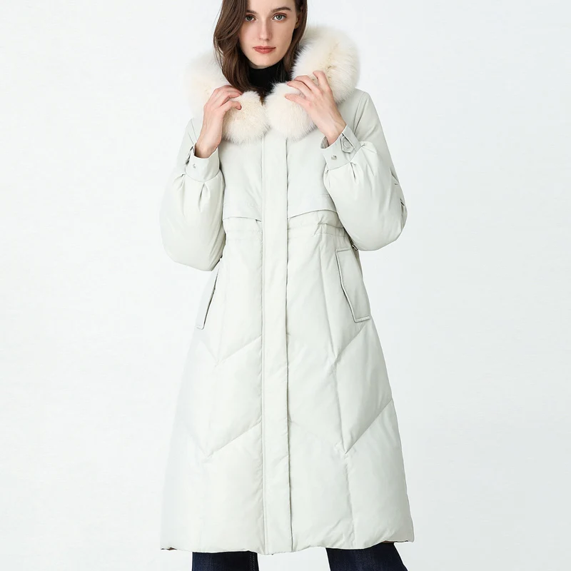 

FTLZZ Down Jacket Women Long White Duck Down Coat Women Thick Real Fox Fur Hooded Winter Female Puffer Feather Parka Outwear