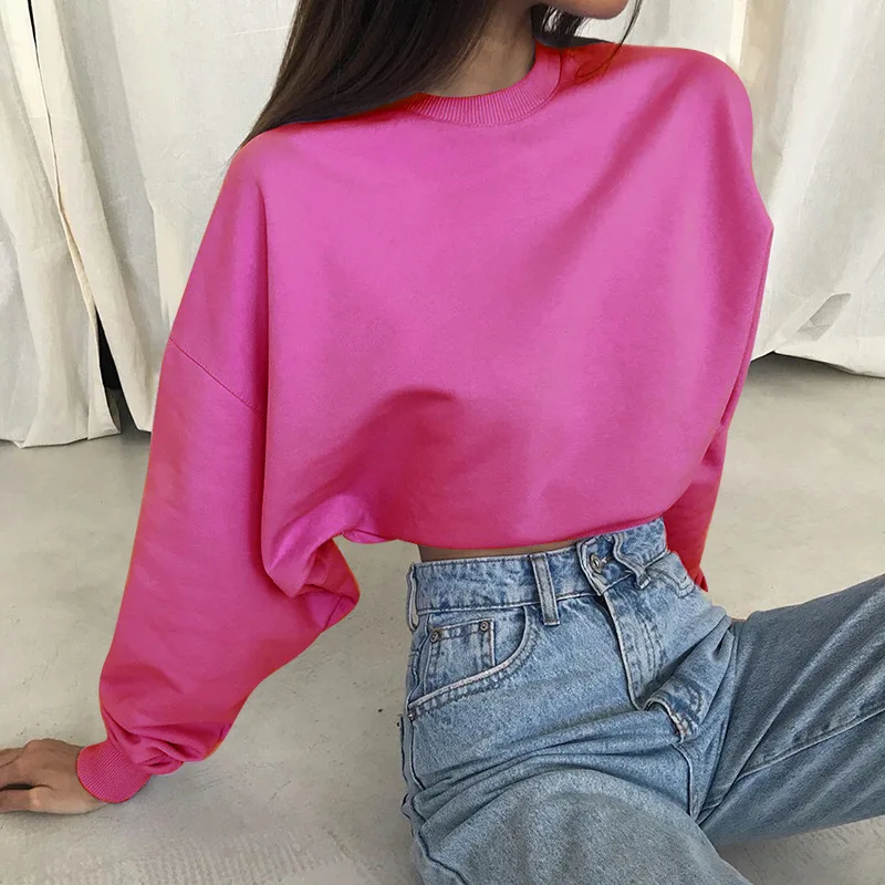 

2021 Spring Women Cropped Top Pullover Hooded Autumn Casual Solid Long Sleeve O Neck Streetwear Loose Black Outfit