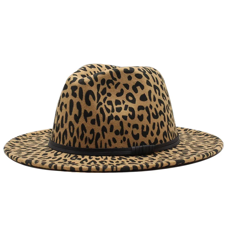 Seioum  Winter Classic Hats For Men Large Size Wide Brim Tophat Fedora Sombrero Elegant Women Church Hats Leopard print Wool Cap