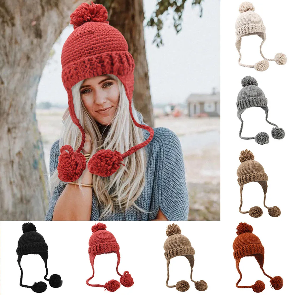 Шапка ушанка женская зимняя трикотажная с 3 шариками и воротником|Мужские