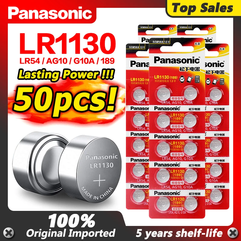 

Panasonic 50 шт./лот 100% оригинал 1,5 в AG10 389 LR54 SR54 SR1130W 189 LR1130 LR1130 Щелочная кнопочная батарейка для пульта дистанционного управления