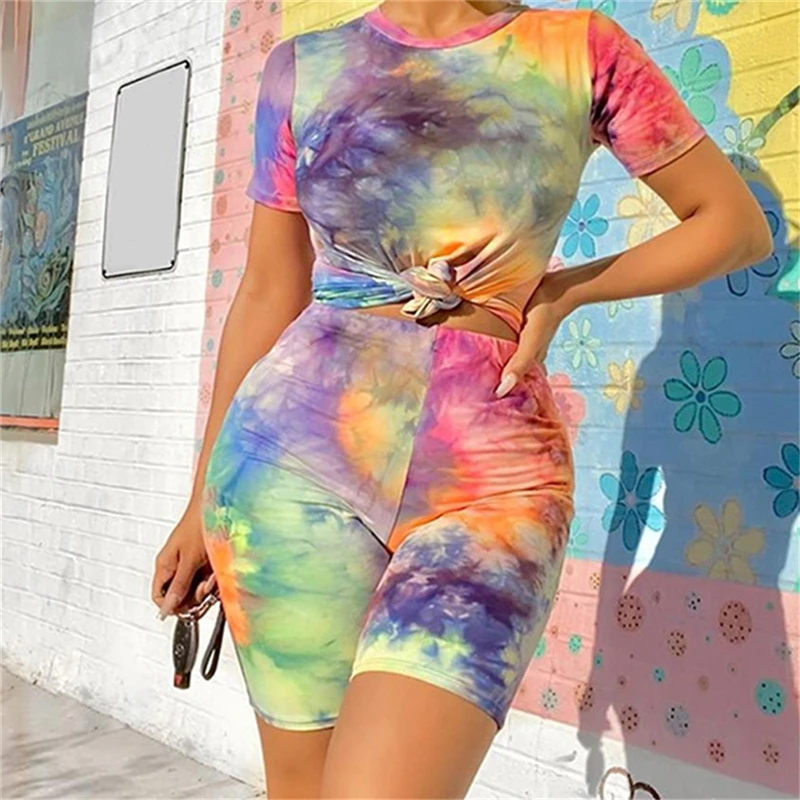 

2020 New Summer Women's Fitness Two-Piece Set Tie Dye Printed Short Sleeve Top Tight-fitting Casual Sports Short Suit