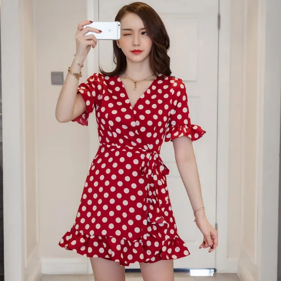 Женское винтажное красное платье в горошек Пляжное Платье на бретелях с v