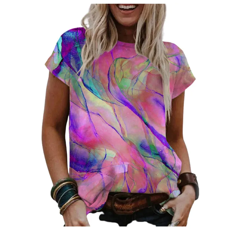 

2021 Summer T Shirt Women 3D Print Floral Tops Casual V-Neck Short Sleeve Loose Tee Tops Fashion Ladies Oversized Top Plus Size