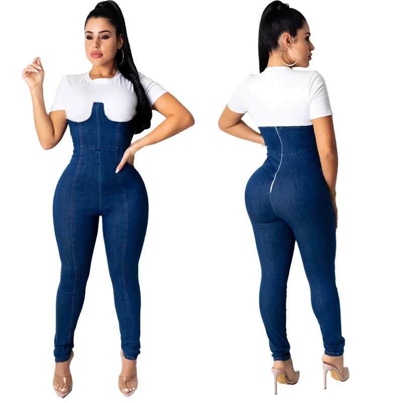 

Комбинезон женский однотонный с коротким рукавом и круглым вырезом