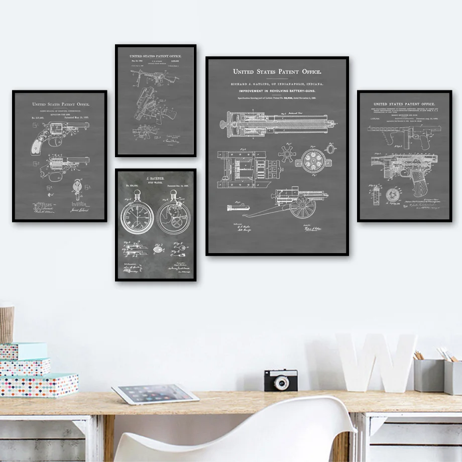 Черная белая бритва зубная щетка запатентованная настенная живопись на холсте