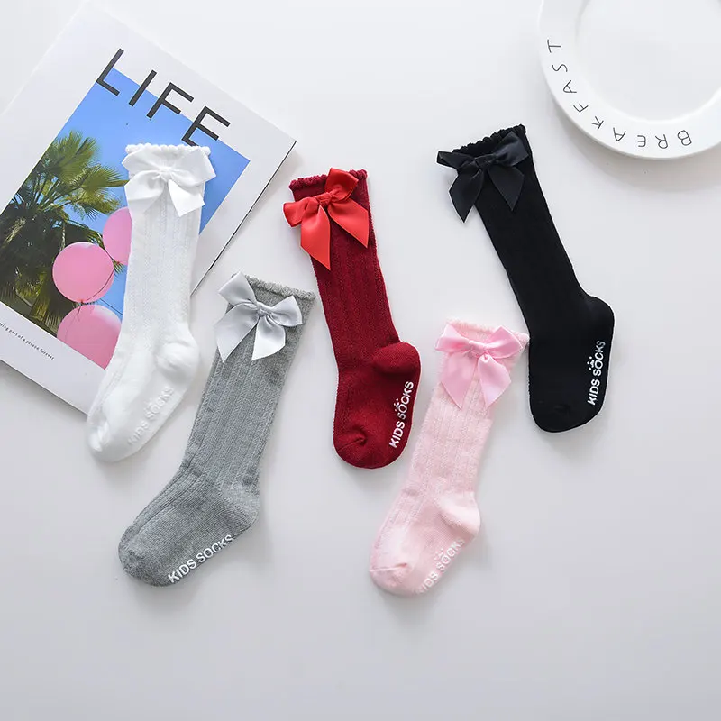 Calcetines largos hasta la rodilla con lazo grande para ni&ntilde;as, medias suaves de encaje de algod&oacute;n para beb&eacute;s, medias de kniekousen meisje, env&iacute;o directo-0