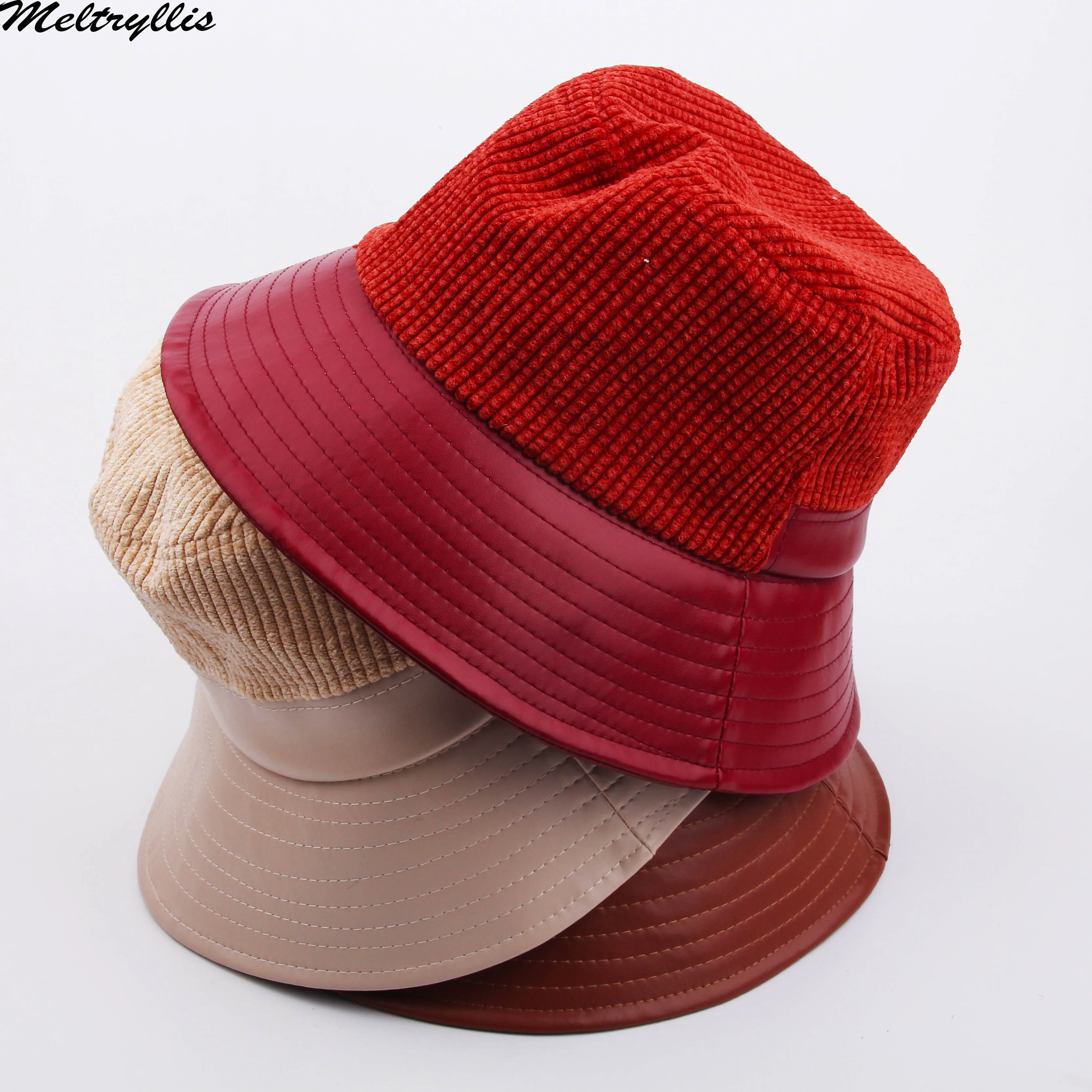 

[Meltryllis] Вельветовая однотонная теплая Двусторонняя Панама из искусственной кожи в рыбацком стиле, шляпа от солнца для мужчин и женщин, модны...