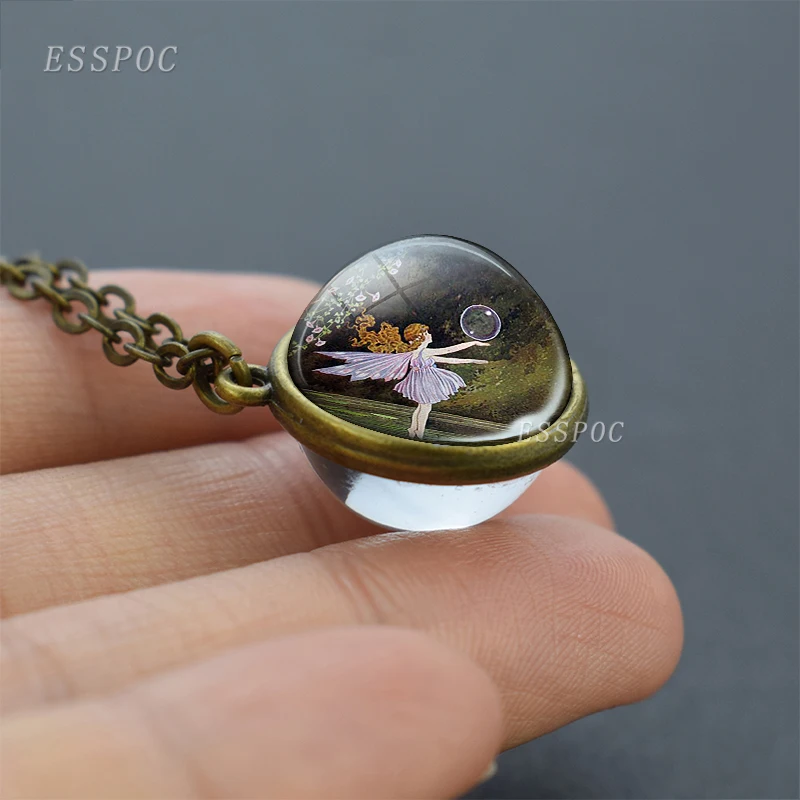 Винтажное двухстороннее ожерелье со стеклянным шариком Hadas Goticas Angel on Moon Art фото