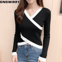 oneimirry fashion criss cross irregular cropped sweater women pullover knitted tops black white stripes chic jumper autumn 2021