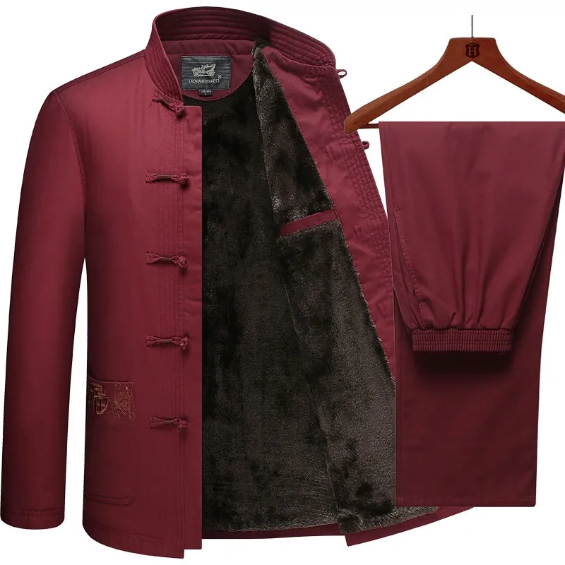 

Новинка осенне-зимняя Китайская традиционная одежда с вышивкой хлопковый плотный теплый мужской костюм Тан ветровка для отдыха комплект кунг-фу